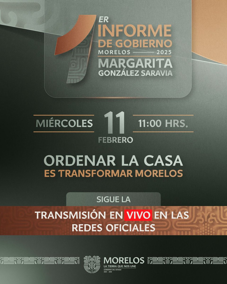 Morelos es nuestra casa y la estamos ordenando con trabajo y compromiso.
Te invito a acompañarme en la transmisión en vivo de mi Primer Informe de Gobierno, un ejercicio de rendición de cuentas y transparencia con la ciudadanía.

#1erInformeMorelos
#MargaritaGobernadora