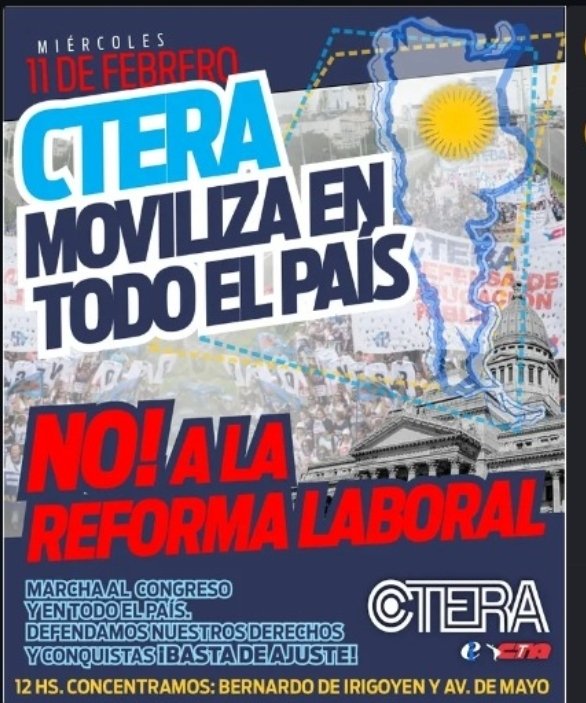 frcasasola's tweet photo. Lo de Ctera es una vergüenza. Hoy a las 19 sacan un primer flyer donde convocan a marchar sin paro mañana miércoles. Dos horas después sacan un nuevo flyer anunciando que es con paro. 
Esta dirigencia hace los máximos esfuerzos por hacerle el juego a Milei. Y vaya que lo logra. https://t.co/hhTraU3OXW