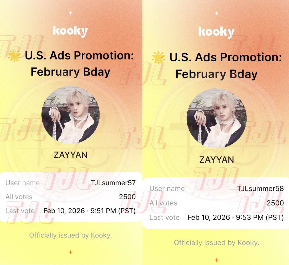 ʚïɞ Congratulations! RT DEAL ACHIEVED🥳

🔸KOOKY RT DEAL for ZAYYAN

🎁5,000 for #ZAYYAN 
(U.S. ADS Promotion - February Bday)🔸
  
Thank you to all who participated 💙

#TJLvotes