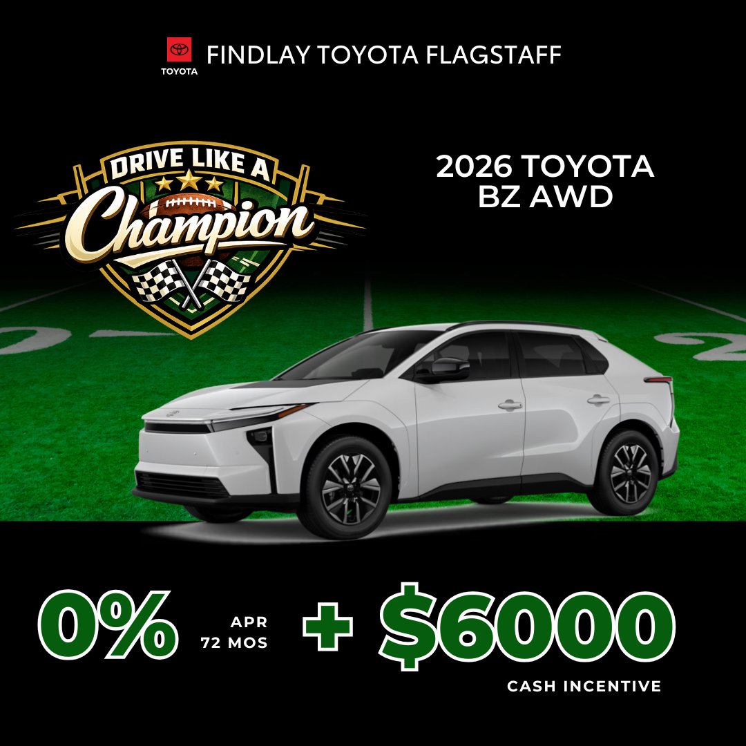 ⚡ Go Electric Like a Champion!
Score 0% APR for 72 mos + $6,000 on the 2026 Toyota bZ AWD! 🔋🚗 Electrify your drive with power, efficiency &amp; bold style — all in one champion-worthy SUV! 💥🌿 #ToyotaBZ #ElectricDrive #ZeroEmissions

Shop For Yours at 👉 p1.tt/4sxuxXn