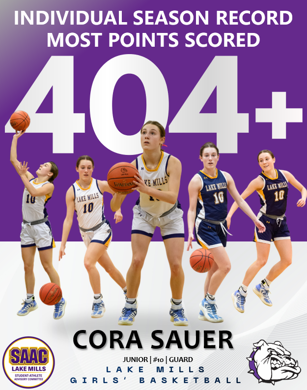 LAKEMILLS_SAAC's tweet photo. RECORD: Lake Mills Girls' Basketball junior guard Cora Sauer has broken the Lake Mills Girls 5-on-5 program record for most points in a single season!

Cora takes the top spot over Lindy Pins, who scored 403 points during the 2010-11 season. https://t.co/vuzbvW3VhS