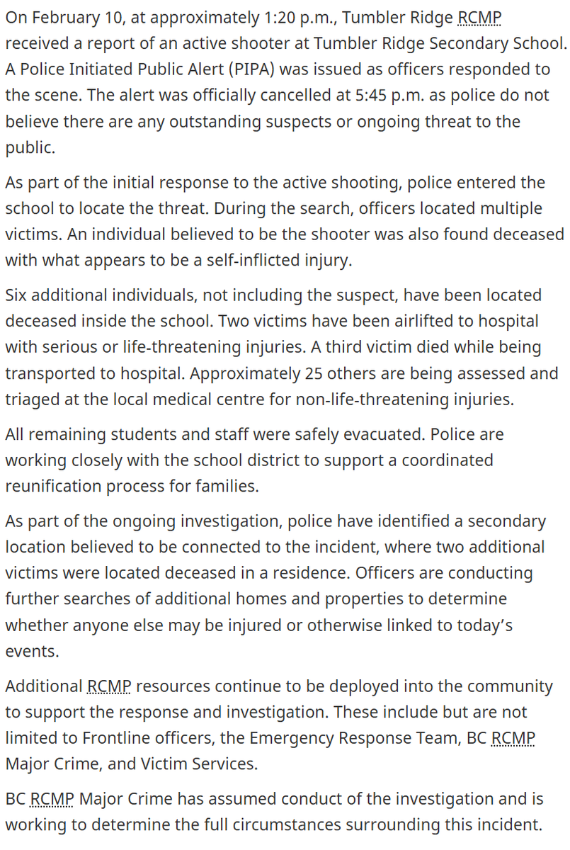 BNODesk's tweet image. BREAKING: Canadian police confirm 7 people killed, 25 injured after school shooting in Tumbler Ridge, BC. 2 others found dead at a home. Suspect also dead.