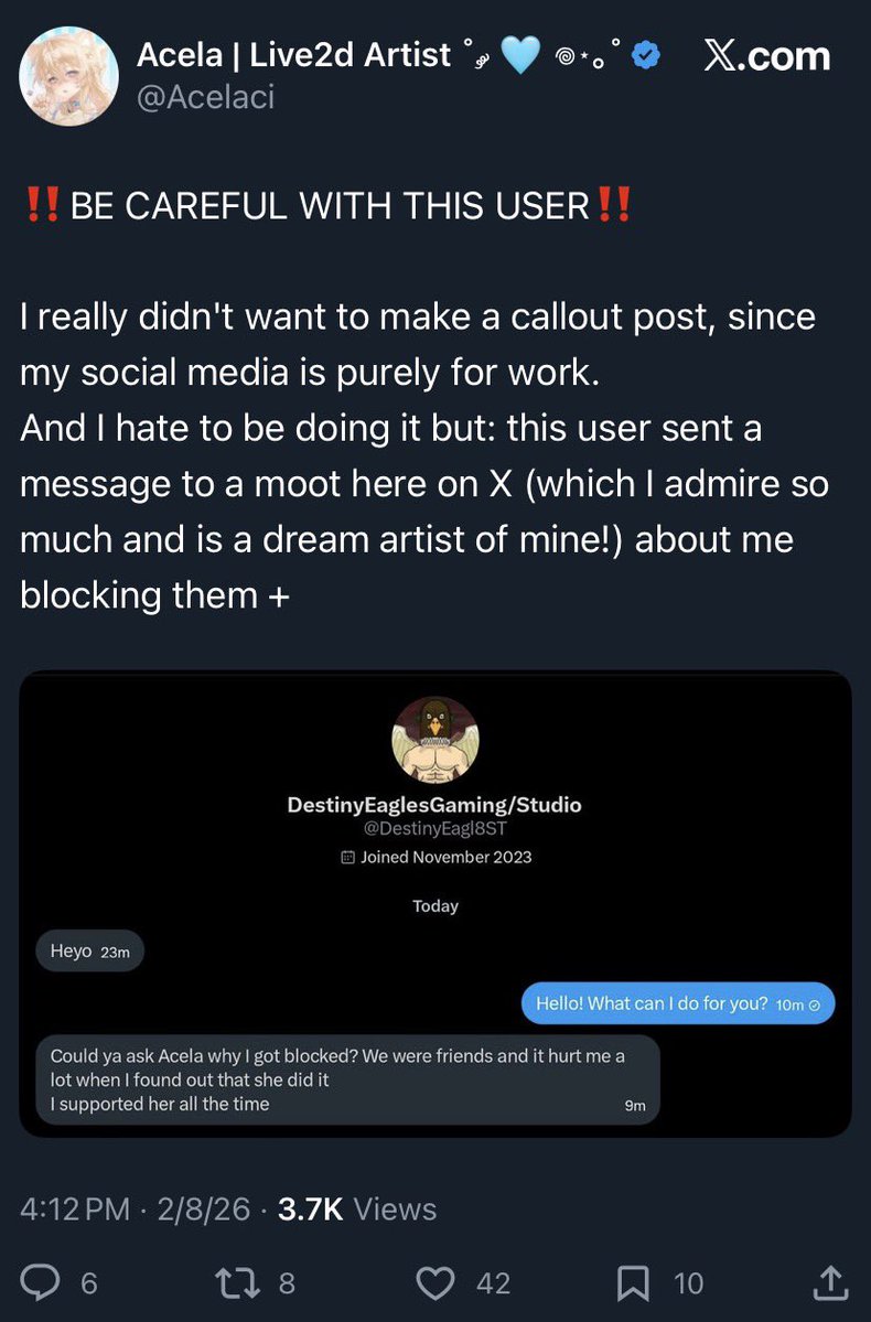 Artistblocklist's tweet image. BLOCK LIST SUBMISSION: Avoid this “Client”
User: @DestinyEagl8ST 
Reason: Not an artist but annoying real artists, inappropriate flirting, etc.
Many artists coming forward with their experience and proof. See thread below.

x.com/acelaci/status…