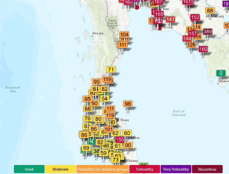 HelmutDuerrast's tweet photo. 11 Feb 26 around 08:00
#AirPollution #PM25 PM 2.5 #Smog season for #Bangkok and #Thailand. Here, near-surface measurements for determination of AQI via https://t.co/d9CdNsR8Ww
>#HuaHin #KoSamui
>Upper South=ORANGE-YELLOW-GREEN
>WIND/RAIN/TERRAIN make difference https://t.co/qMVOYvHqmk