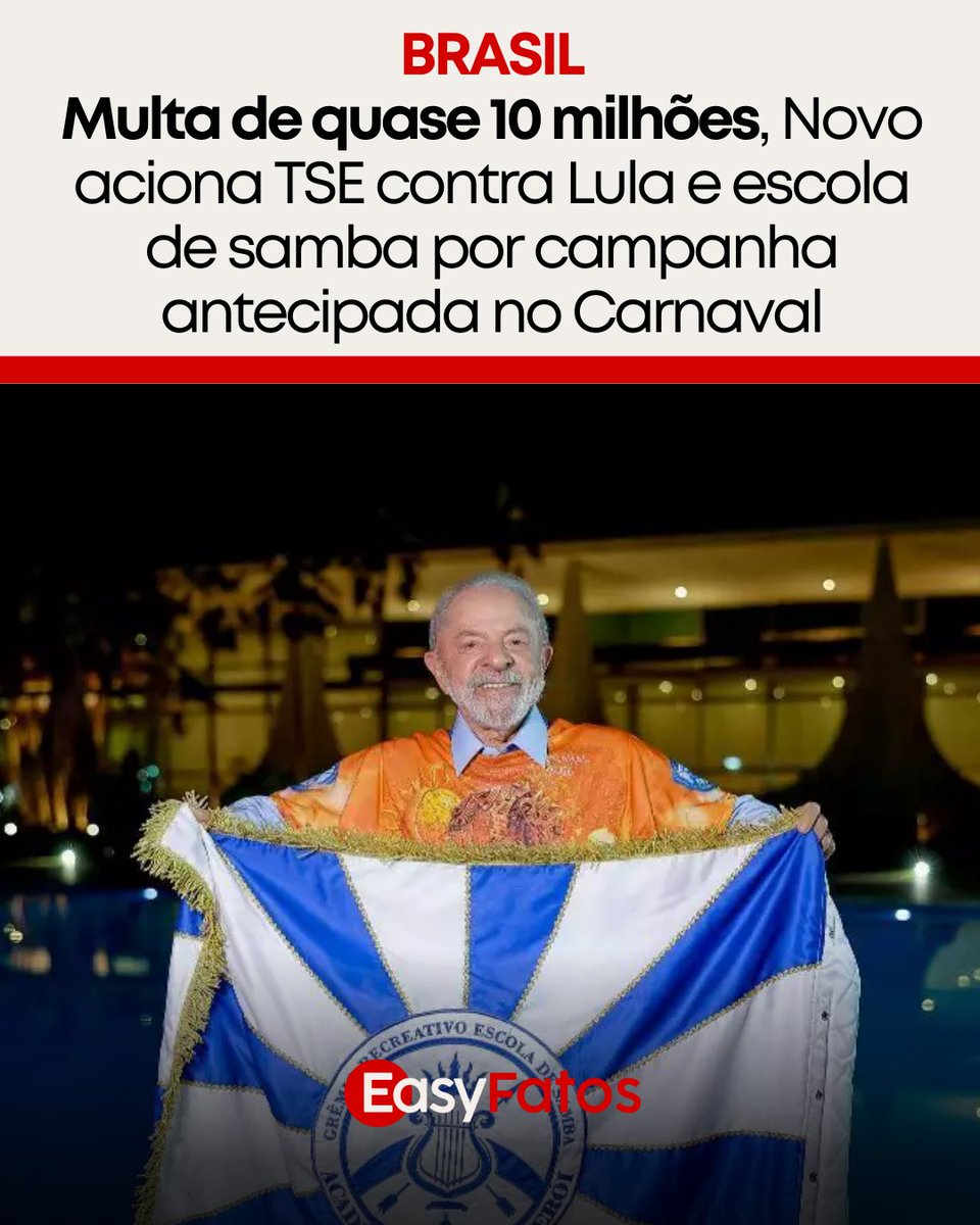 O partido Novo protocolou uma representação no Tribunal Superior Eleitoral (TSE) contra o presidente Lula, o PT e a escola de samba Acadêmicos de Niterói. A sigla aponta propaganda eleitoral antecipada no enredo “Do alto do mulungu surge a esperança: Lula, o operário do Brasil” e
