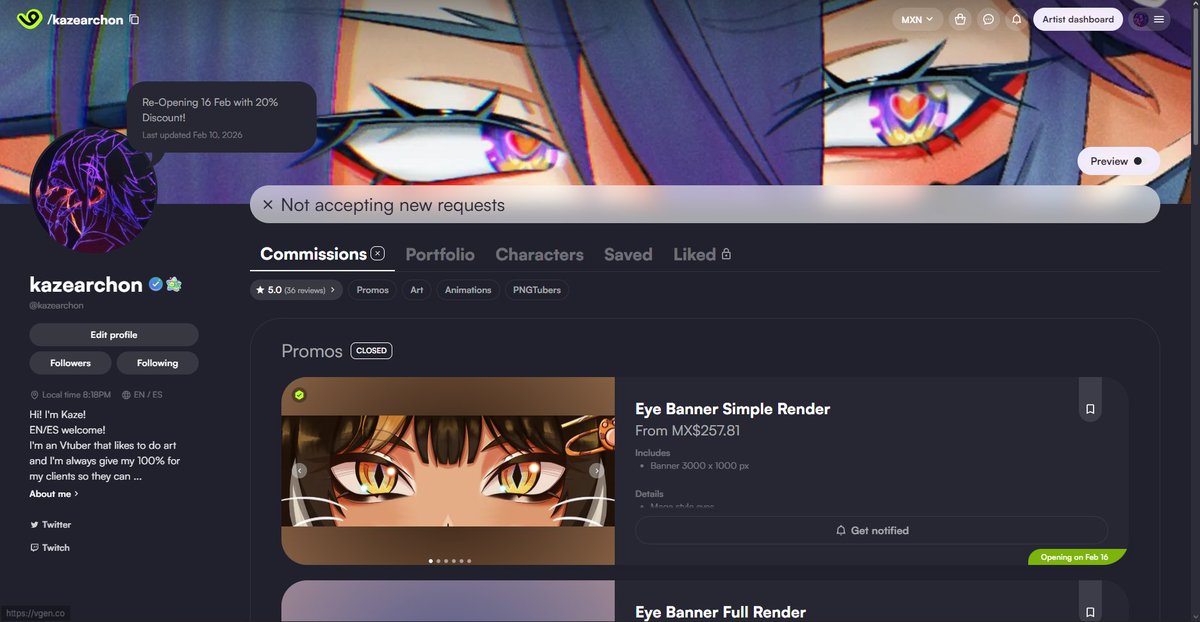 LISTO!, ya quedó el VGen configurado!

Agregue la fecha de apertura de los servicios por si gustan estar al pendiente c:

Ese mismo día se va a abrir el descuento del 20% en las ilustraciones marcadas en la carpeta de Promo uwu

Aviso: será por slots 👀

vgen.co/kazearchon