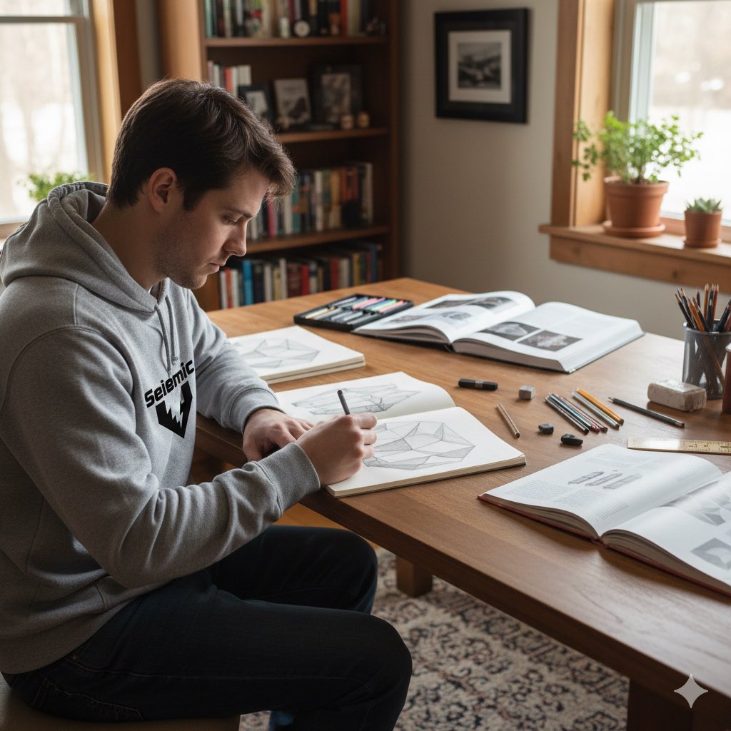 VespaETH's tweet photo. The image captures a dedicated artist deeply focused on his craft within a cozy, sunlit home studio. Dressed in a grey hoodie featuring a prominent "Seismic" logo. @SeismicSys https://t.co/utN4EiWkkZ