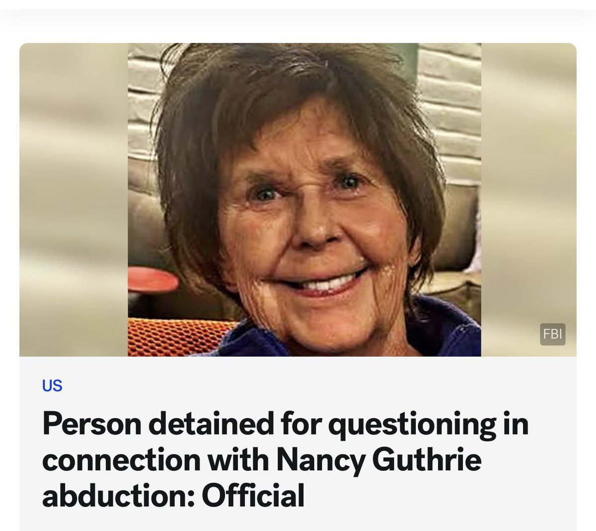 jayis4justice's tweet photo. BREAKING! Per ABC NEWS a person is DETAINED for questioning!!! #nancyguthrie https://t.co/x9kscMs6mQ