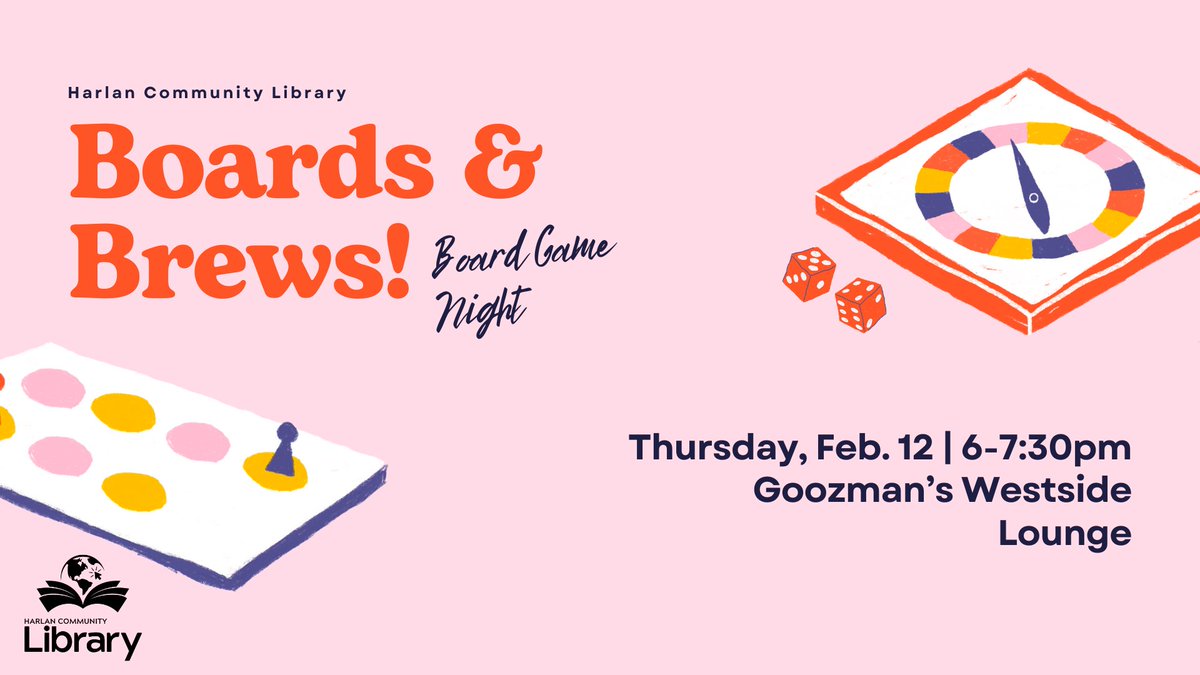 HarlanLibrary's tweet photo. Board Games at Goozman's Westside Lounge this Thursday, February 12th from 6pm-7:30pm. Join us and bring friends. Share the post! #boardgames #librarylife https://t.co/cb4yJHz5Wf