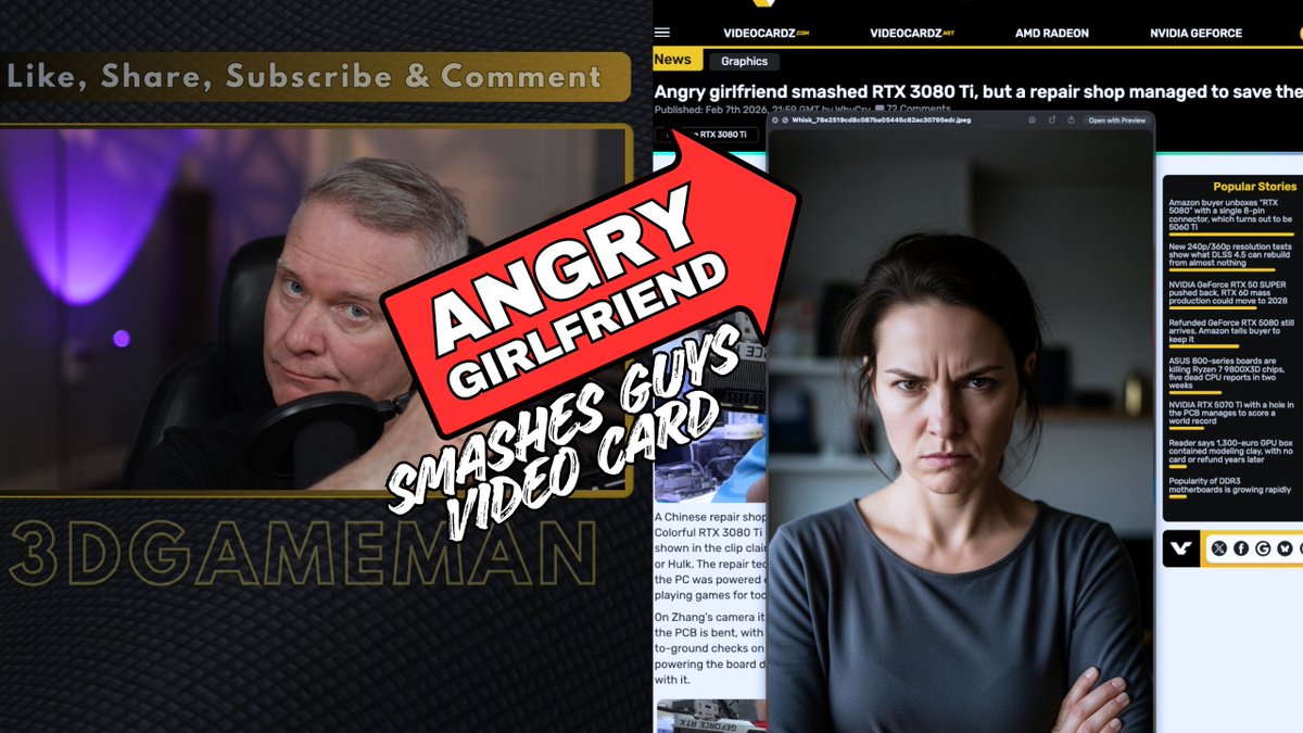 3dGameMan's tweet photo. Angry Girlfriend Smashes Guys Video Card https://t.co/PEZn9thClW
#RTX3080Ti #GPURepair #BrotherZhang #NVIDIA #TechNews #PCBuild #ColorfulTechnology #HardwareRepair #GamingPC #GPU #GraphicsCard #VideoCardz #HardwareDamage #PCBRepair #TechTrends #angrygirlfriend https://t.co/NEGdhKQeLl