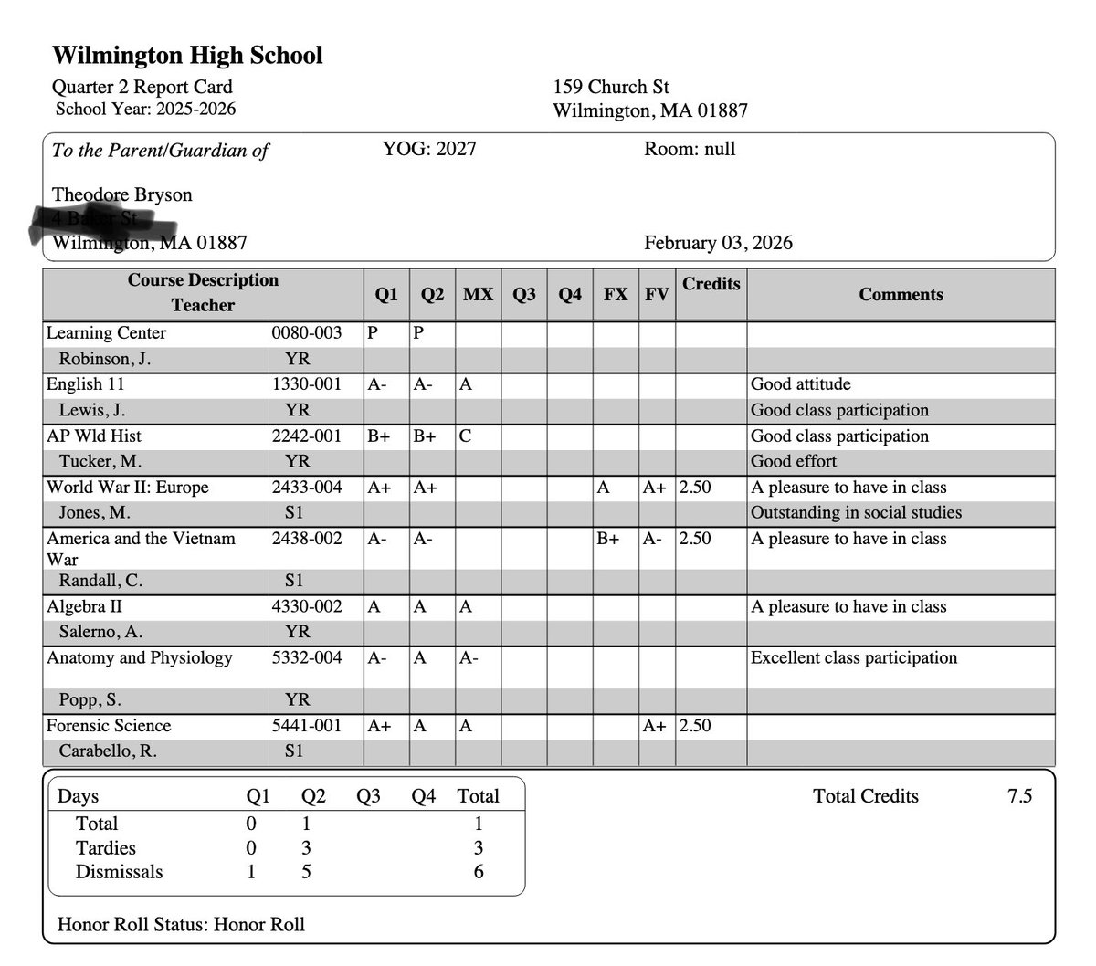 TheodoreB76694's tweet photo. Made honor roll this semester.  C/O 2027  C/OF 3.8 GPA @mattmcmanus31 @Wilmington_AD https://t.co/U6i2JxnMux