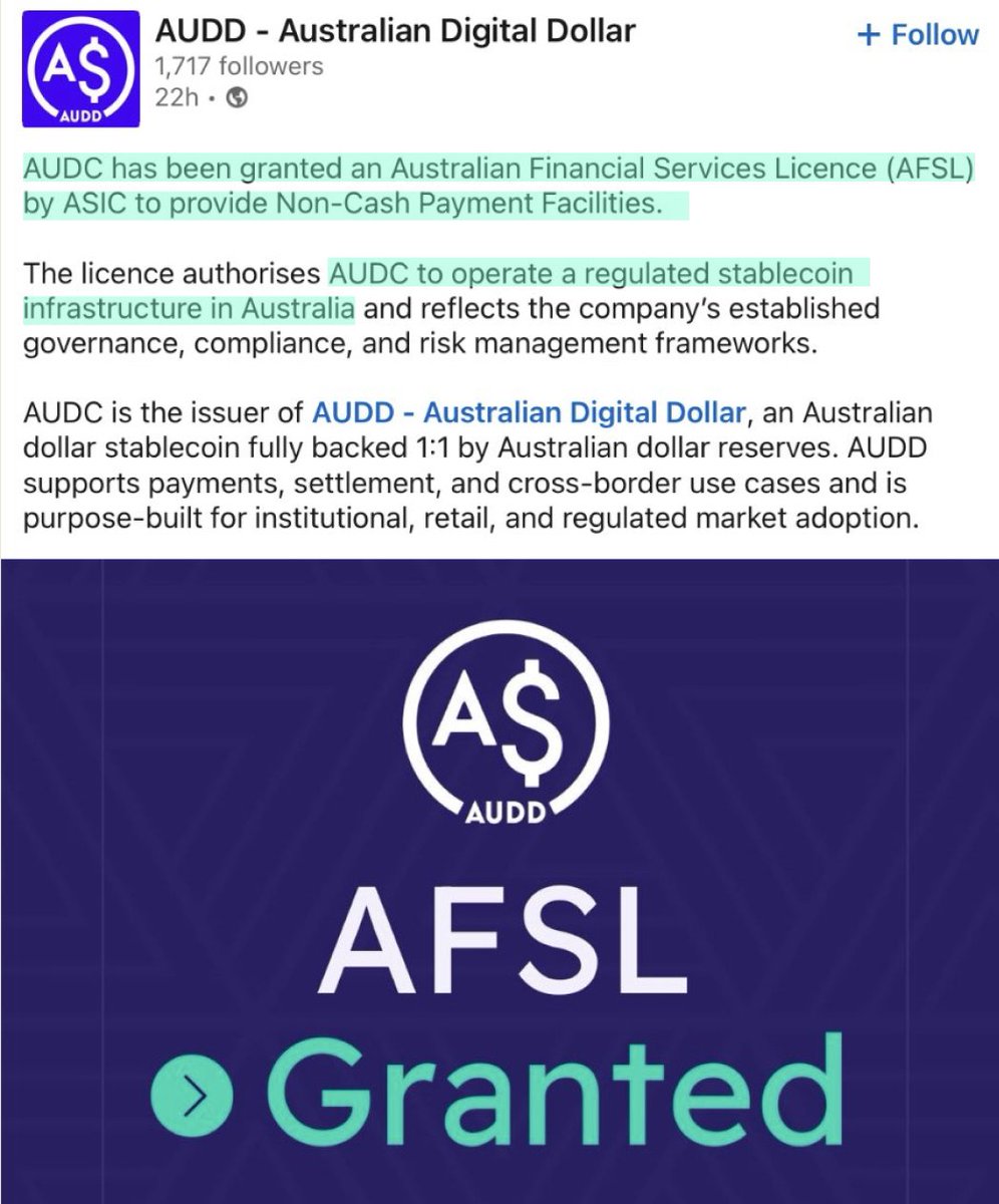 Tokenicer's tweet image. 🔥Exciting news for AUDD stablecoin

Australia's Securities &amp;amp; Investment Commission approve AUDC for an Australian Financial Services License.

As we know AUDD's been well aligned with Enterprise DLT

The chains their AUDC's on include:

• $XRP Ledger
• $HBAR Hashgraph
• $XDC…