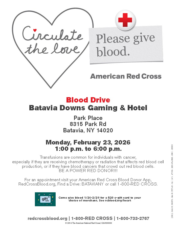 BataviaDowns's tweet image. Circulate the love! 🩸❣️ Participate in the American Red Cross #BloodDrive inside Park Place on Monday, February 23rd! You will receive a $20 e-gift card to a merchant of your choice!

Sign up here: rcblood.org/43JiGuP or call 1-800-REDCROSS