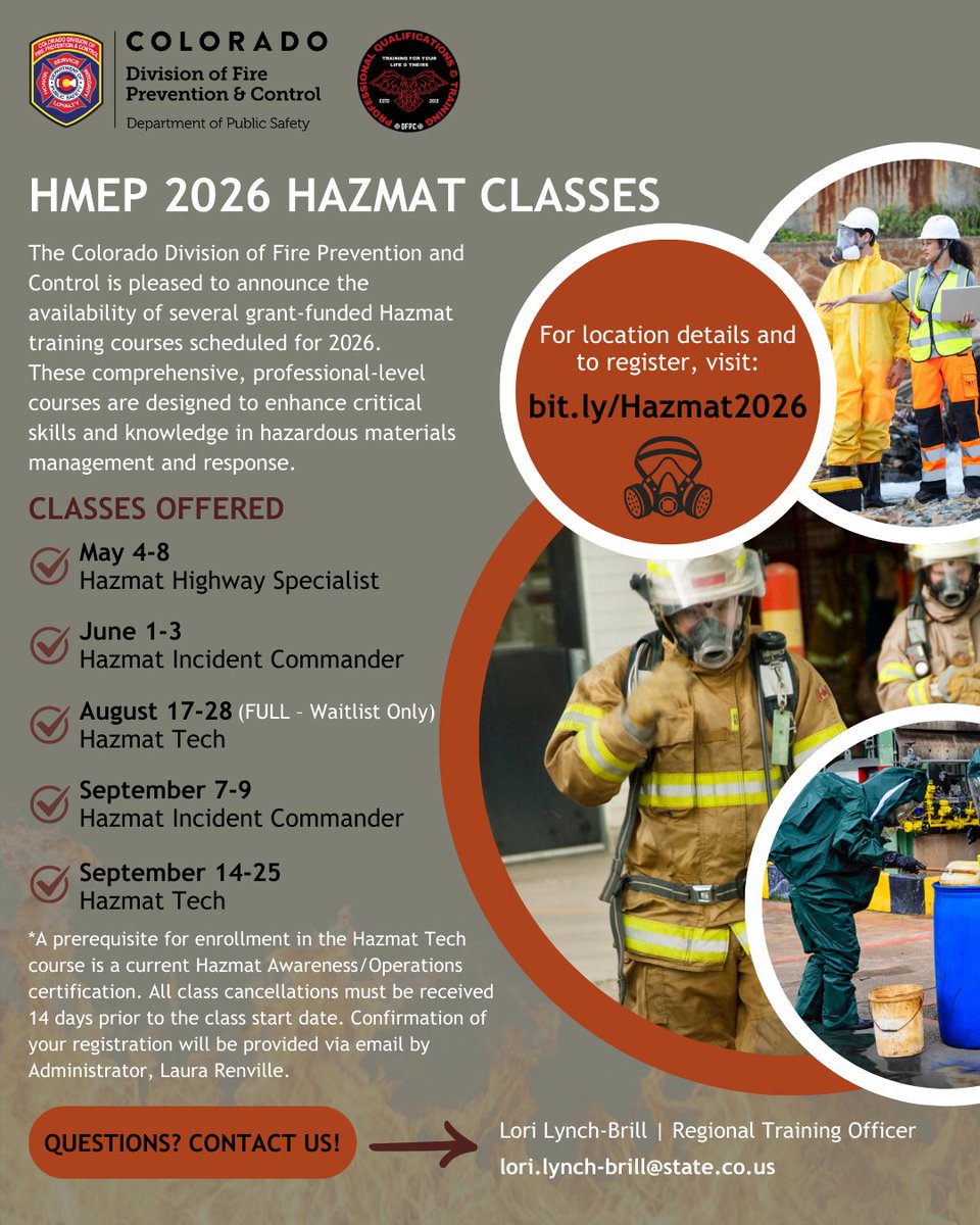 COStateFire's tweet image. 🧑‍🚒CO Responders: Don’t miss out on our #hazmat training this year! These grant-funded classes cover Highway Specialist, Incident Commander, and Tech levels. Secure your spot today at bit.ly/Hazmat2026. 

#HMEP #DFPC #HazmatTraining