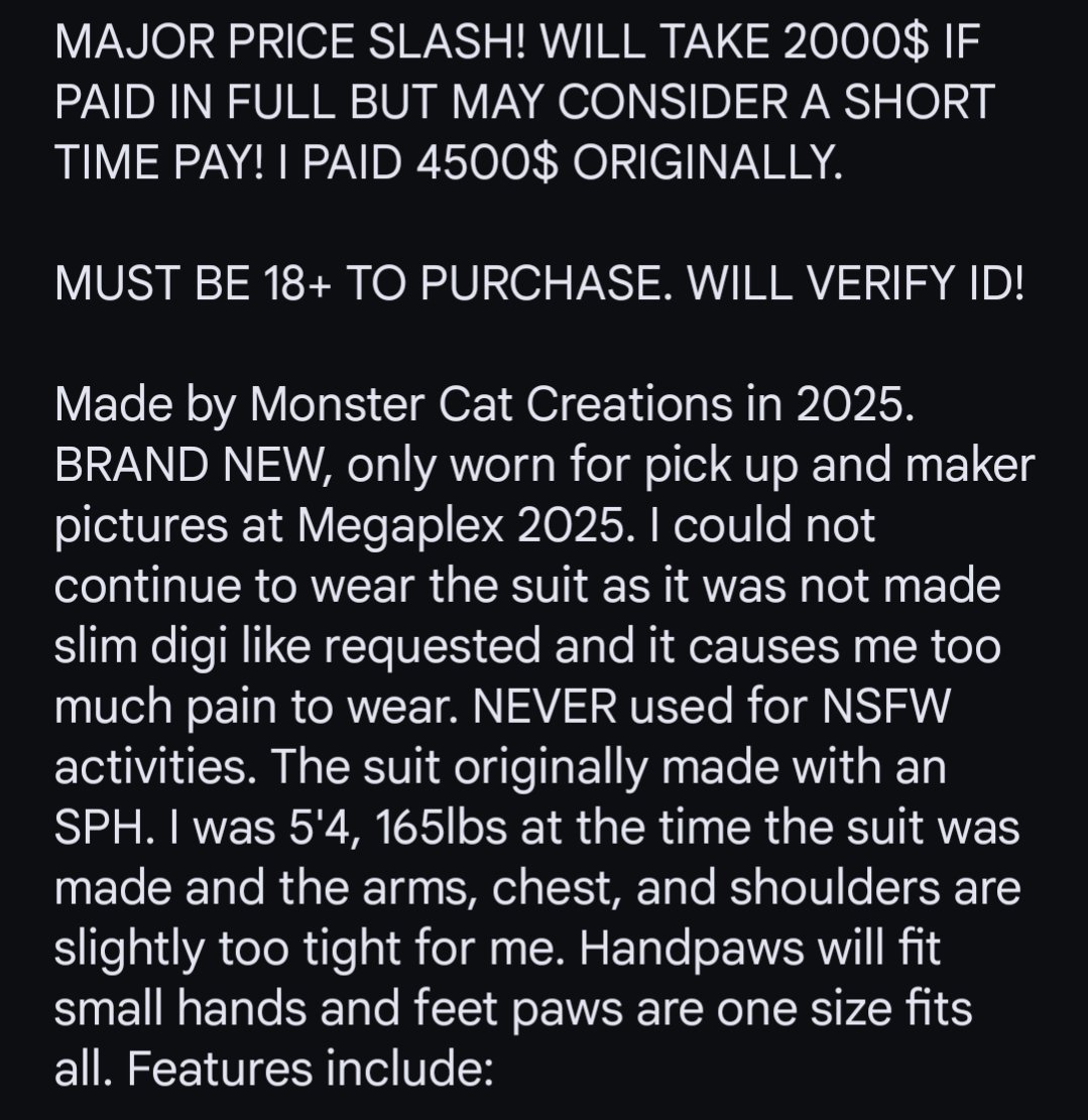 LokiColt's tweet photo. SELLING THIS SUIT! ALL DETAILS IN THIS POST AND PICTURES! I have more pictures if requested!

2500$ OBO

Message me here or Telegram Its_HeckingHenny if interested!

Keywords (ignore these): fursuit fursuit for sale nsfw monster cat fullsuit murrsuit https://t.co/ycZ1ZnBMMf