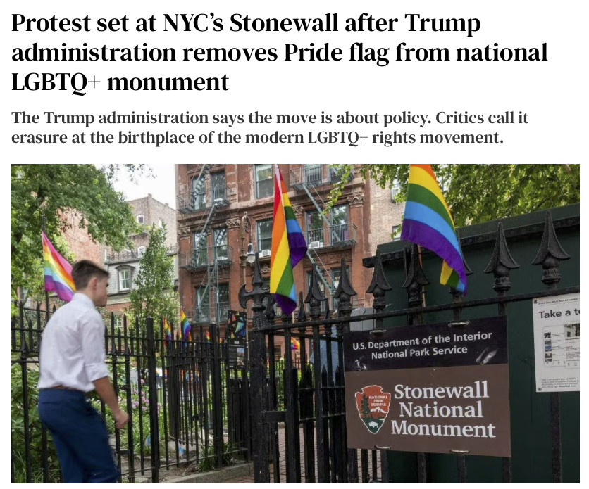 So now Trump is even 𝐛𝐚𝐧𝐧𝐢𝐧𝐠 the rainbow flag 𝒂𝒕 𝒕𝒉𝒆 𝒗𝒆𝒓𝒚 𝒃𝒊𝒓𝒕𝒉𝒑𝒍𝒂𝒄𝒆 of the modern gay movement -Christopher Street, NY 

In June 1969, patrons of the Stonewall Inn fought back for several days against a police raid

May their spirit be rekindled
 💪🏳️‍🌈
