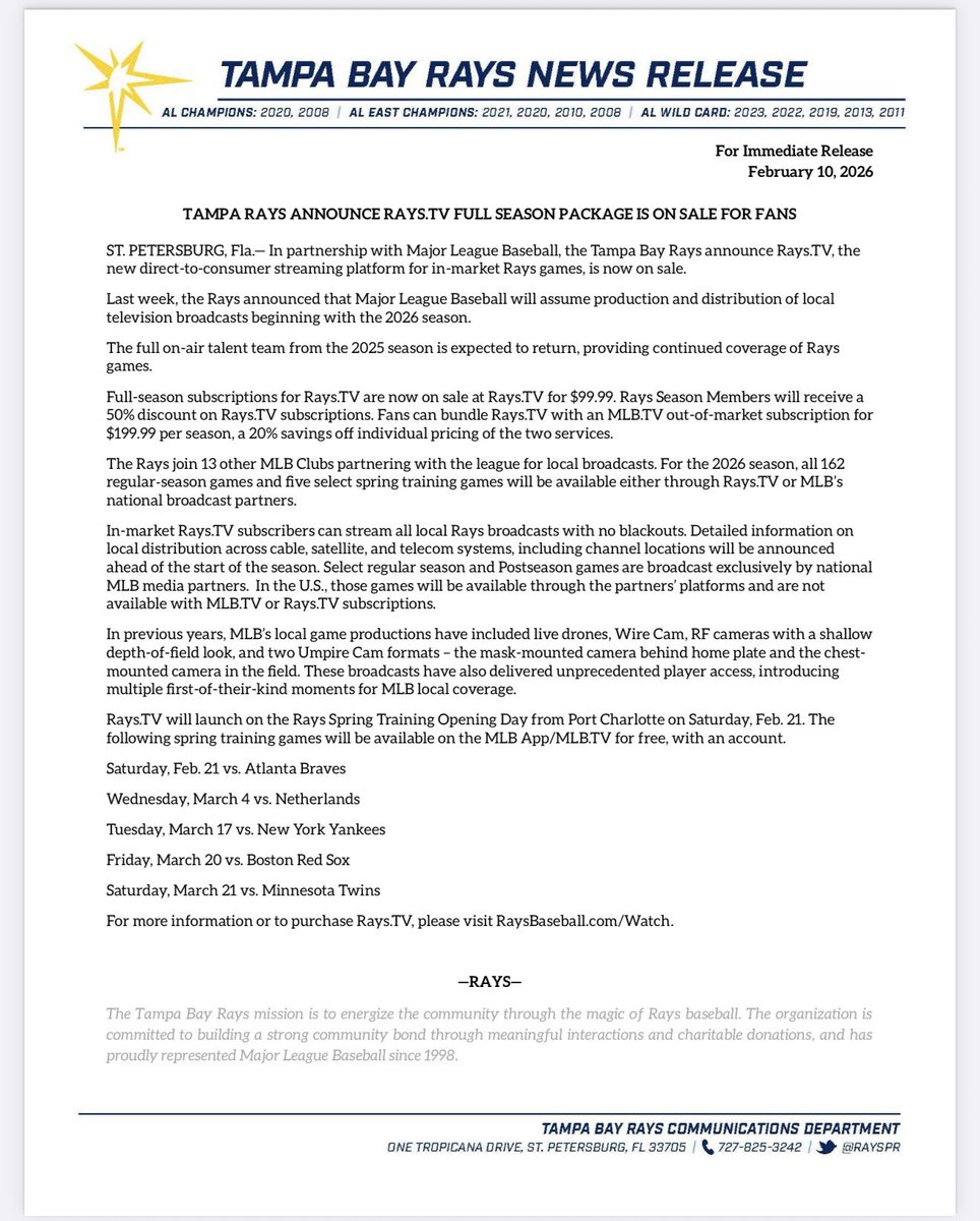 “The full on-air talent team from the 2025 season is expected to return, providing continued coverage of Rays games.”

Back like we never left 💪🏻 Another season of DeWayne, BA and yours truly on <a href="/RaysBaseball/">Tampa Bay Rays</a> broadcasts, this time at a new home: Rays.tv