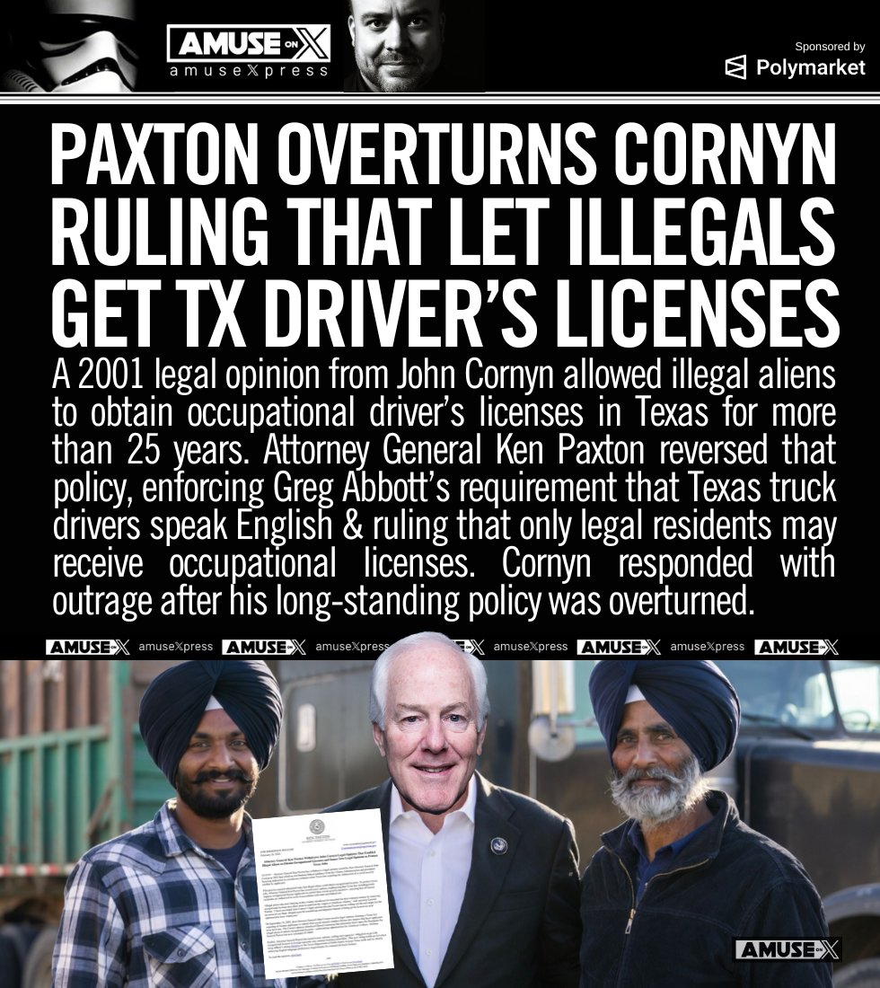 amuse's tweet image. RINO: Paxton just overturned John Cornyn’s 2001 ruling that let illegal aliens get Texas occupational licenses. The AG enforced Abbott’s English requirement &amp;amp; limited licenses to legal residents. Cornyn is furious that Paxton has overruled his opinion that illegal aliens should
