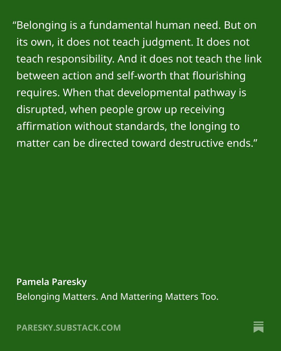HabitsFreeMind's tweet photo. “A society that maximizes belonging while severing it from standards produces conformity, not freedom. A society that encourages mattering divorced from truth produces fanaticism, not dignity.”
Belonging Matters. And Mattering Matters Too. https://t.co/EtGAkHJrfI https://t.co/1TUhPzueDq