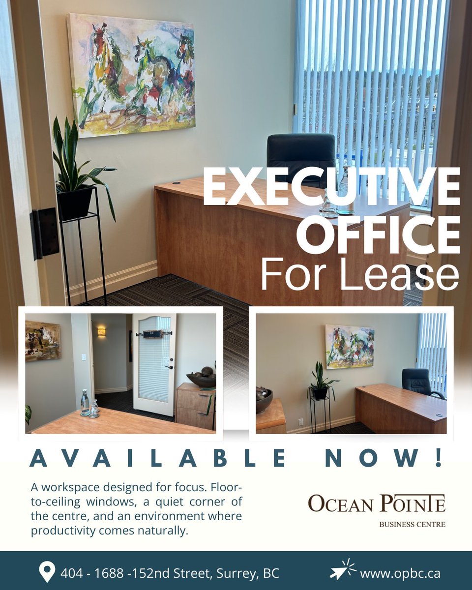 OceanPointeBC's tweet photo. Work smarter, not harder.

OPBC's executive offices eliminate administrative headaches so you can focus on growing your business.

Turnkey solution with full support. Available now!

Connect with our team today!
🔗 https://t.co/UwFC339TdO

#WorkSmarter #ExecutiveOffice https://t.co/SEnhwKyX6w
