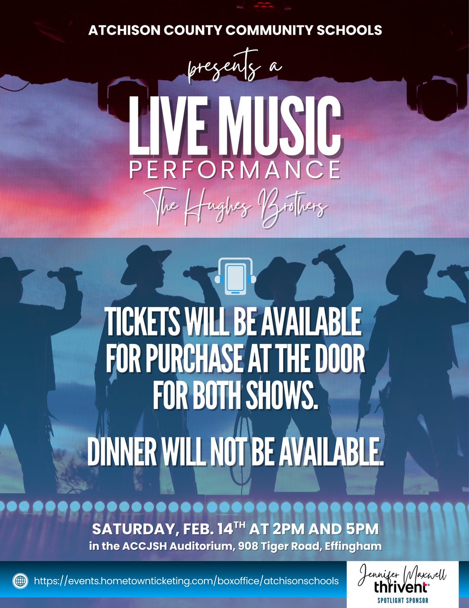 Hughes Brothers Dinner tickets are no longer on sale.  Matinee tickets are still on sale online. 
You can purchase tickets @ the door for $25 for both shows. The evening show will not include the meal.

2:00 Matinee  
5:00 Dinner (pre-paid tickets) 
6:30 Evening Show