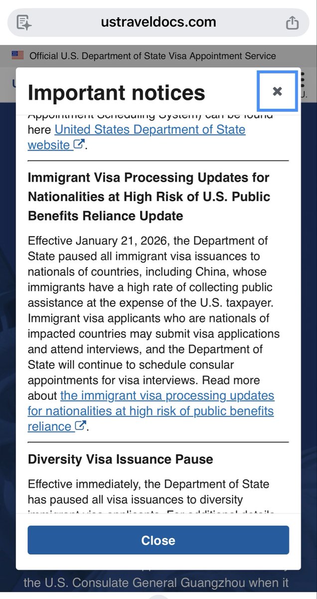 BaniasLaw's tweet image. So, @StateDept tried to expand the 75 country ban to China through a pop up on their website. When it got caught, they immediately retreated. #EB5 Confirmed they will take it down. #FireDrill @USCIS has tried this trick more than once. But #APA requires more than a pop-up.