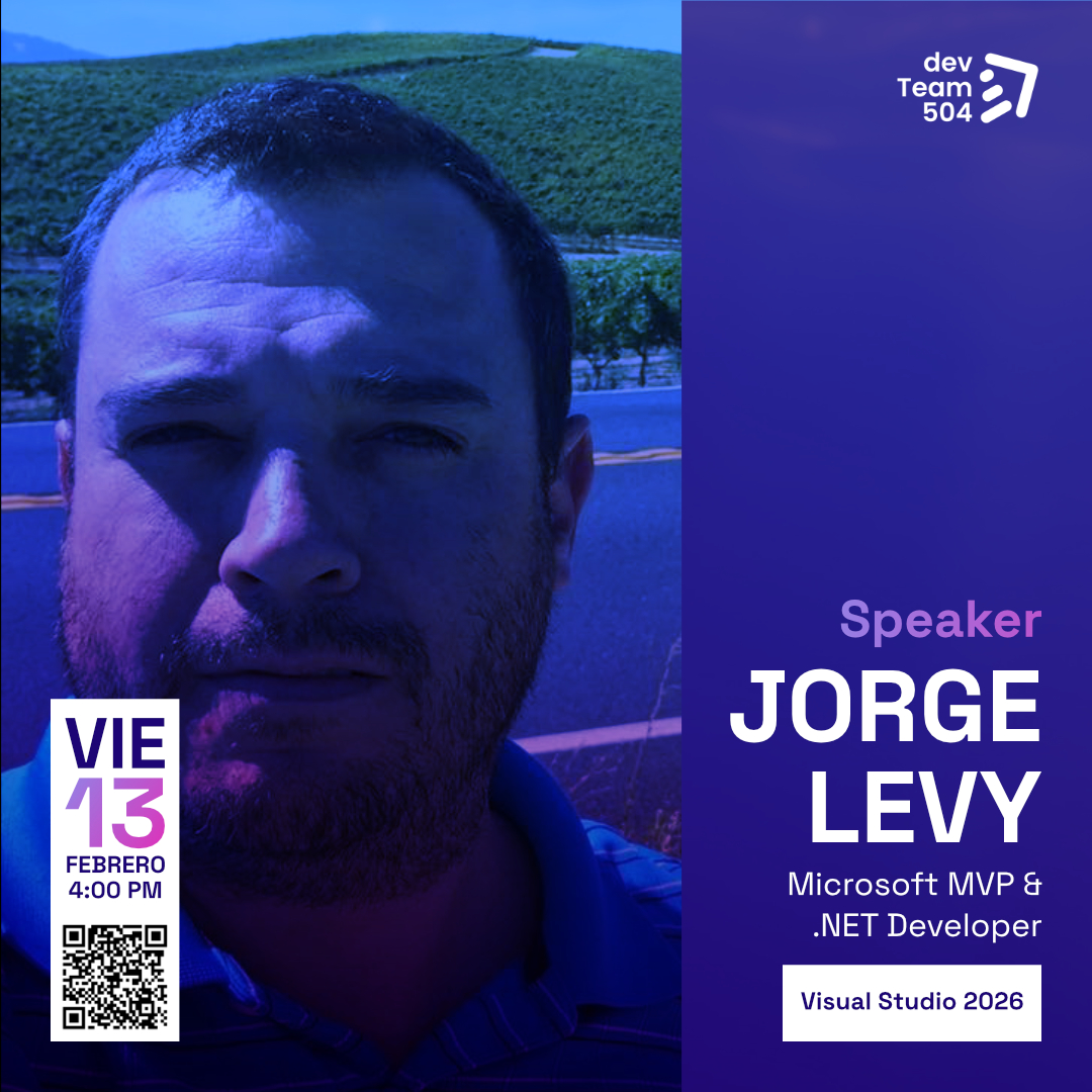 Tenemos el honor de anunciarles a nuestro último speaker de .NET Conf San Pedro Sula🇭🇳😎

👨‍💻Jorge Levy🇲🇽
📝Visual Studio 2026
En esta charla exploraremos las mejoras de Visual Studio 2026 en rendimiento, IA integrada para asistencia contextual, depuración más inteligente y una...