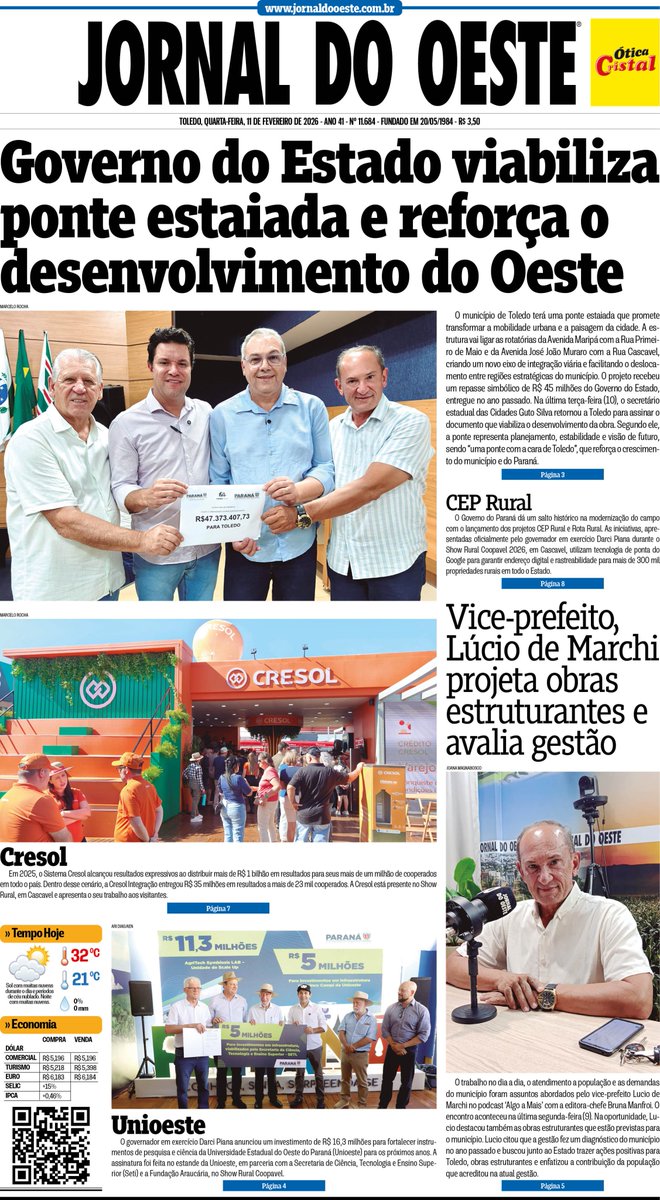 jornaldooeste's tweet photo. LEIA NA EDIÇÃO DESTA QUARTA-FEIRA, 11DE FEVEREIRO

▶ Governo do Estado viabiliza ponte estaiada e reforça o desenvolvimento do Oeste
▶ Vice-prefeito, Lúcio de Marchi projeta obras estruturantes e avalia gestão
▶ CEP Rural

Acesse: https://t.co/3xEgwGHTGu https://t.co/MyajfSTPUT
