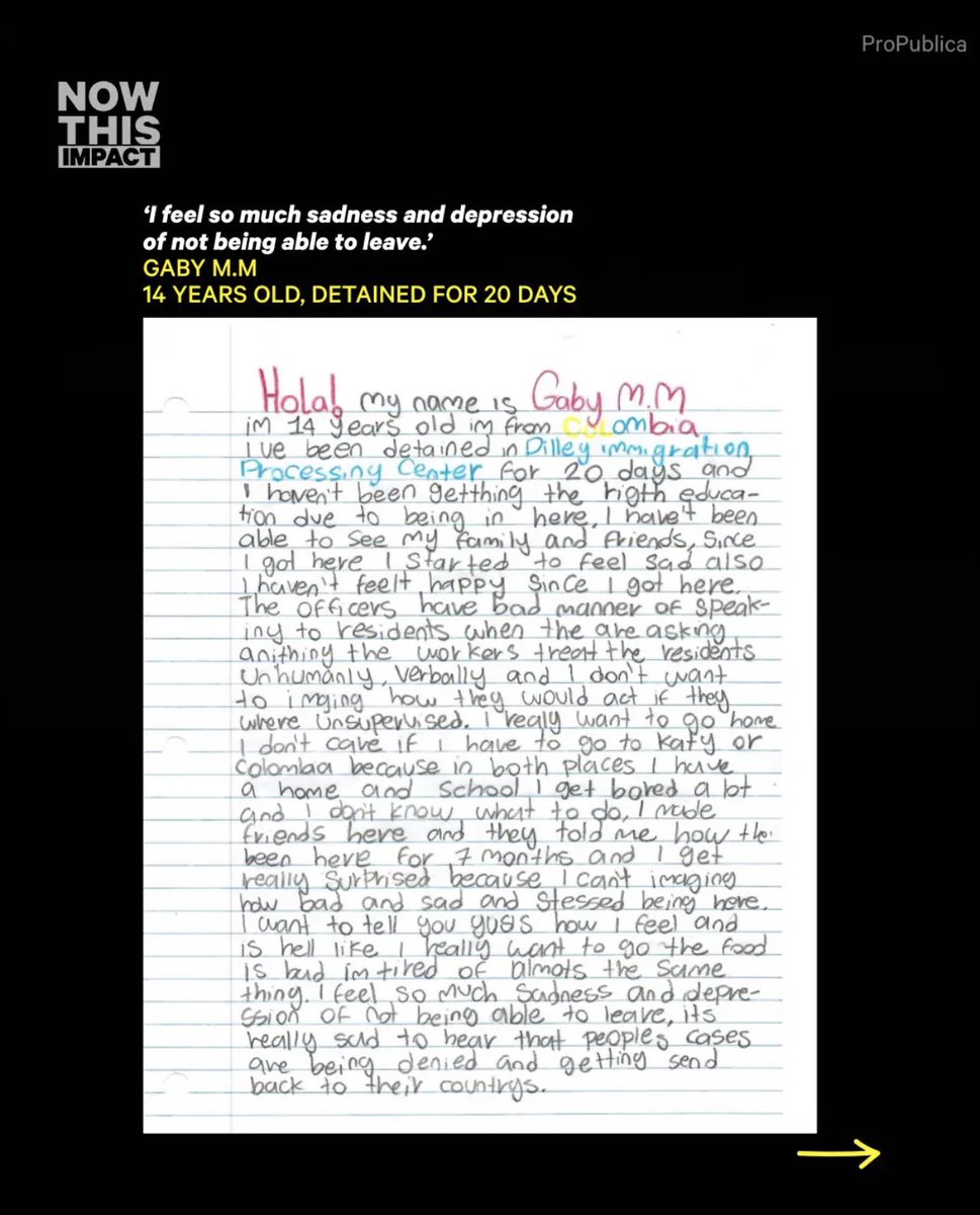 GeauxGabrielle's tweet image. ProPublica is publishing the letters of children incarcerated inside ICE facilities. 

If you are from another country, do not come here. Not even to visit. Some of these children have been inside almost a year and only came here for family vacation.