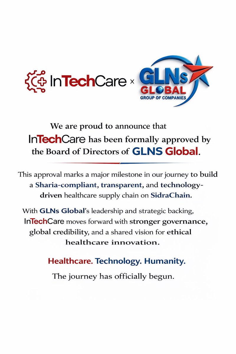 Proud to announce that InTechCare has been officially approved by the Board of Directors of GLNS Global.
A new chapter in ethical, Sharia-compliant healthcare begins.
<a href="/InTechCare8/">InTechCare ITC</a> <a href="/GLNsGlobal/">GLNs Global</a> #HealthTech #SidraChain 

sidrastart.com/project/3329ea…