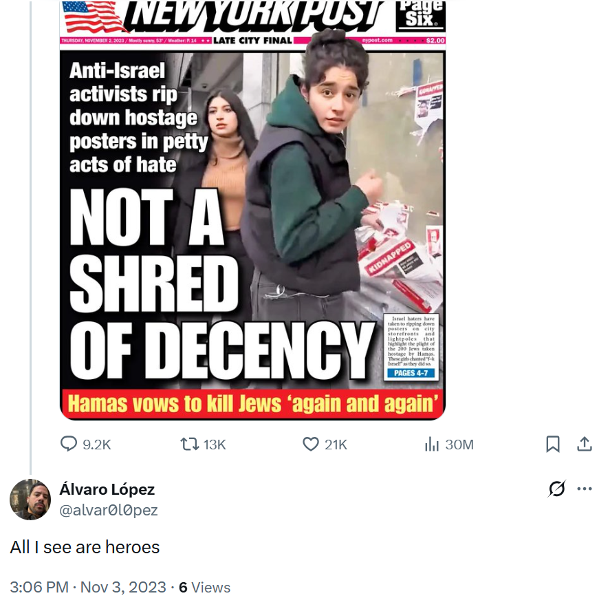 NEW from me

Álvaro López — Zohran Mamdani's Brooklyn Borough Director — once called pro-Hamas activists tearing down signs of missing Israeli hostages "heroes" in a now-deleted post on X
