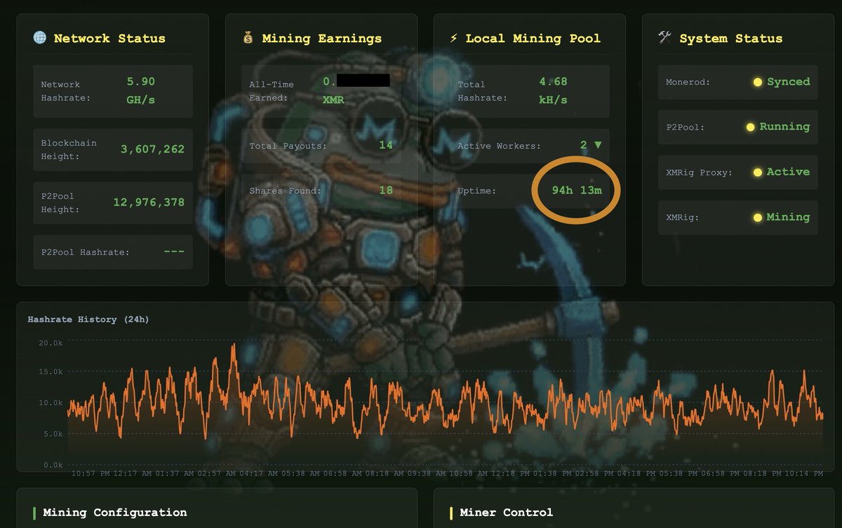 I have had multiple video calls with people that want to mine Monero, to help them get set up with <a href="/umbrel/">Umbrel ☂️</a>, a Monero node, and Superbrain.

Don't be so anon that you can't help less-technical people with a walkthrough!

Monero mining army grows, keep pushing.

We want 10 GH/s