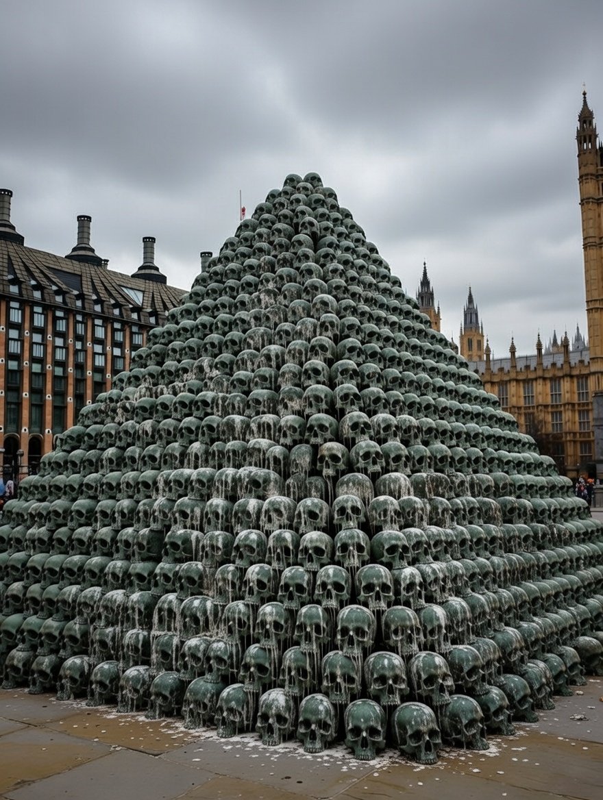 "Following the mass hangings that accompanied the Glorious Restoration of 2027, the heads of the guilty were separated from their bodies, flensed, dipped in bronze, and added to the Traitor's Pile outside Westminster Palace. It is forbidden to clean or polish the Traitor's Pile,