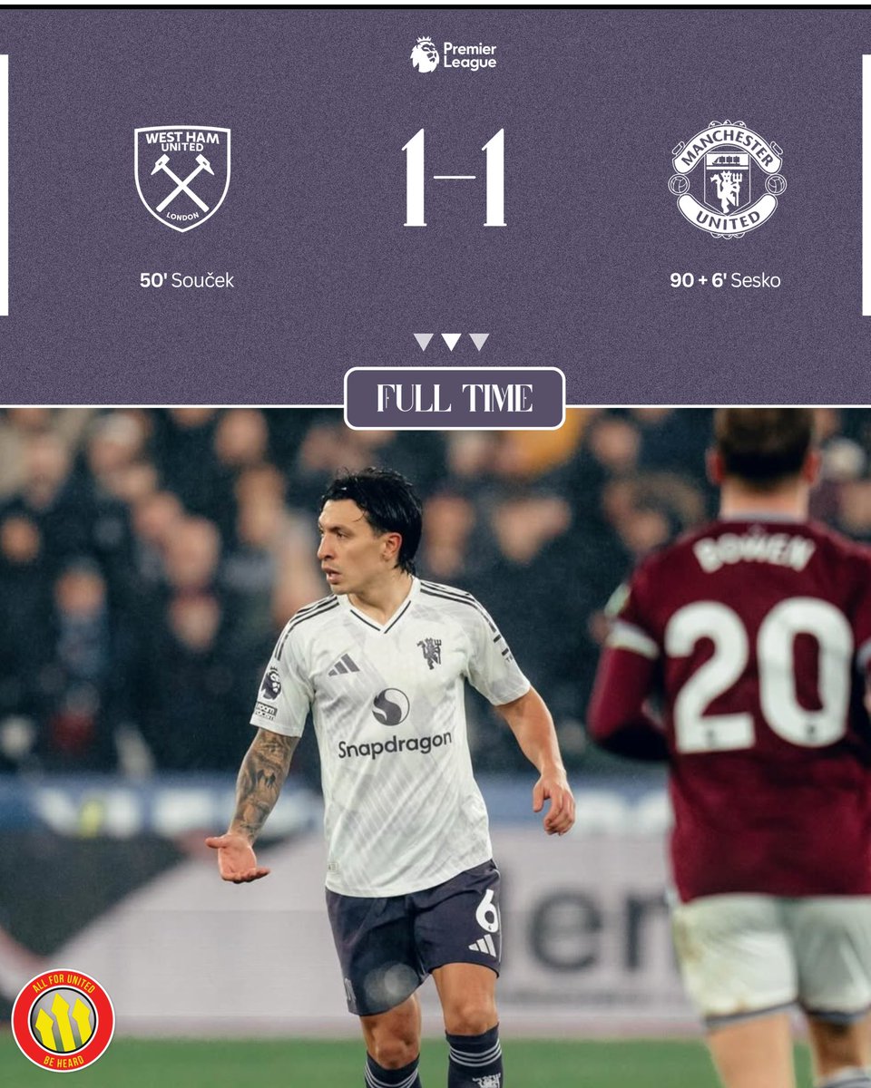 ⏹️ 𝗙𝗧: 𝗪𝗲𝘀𝘁 𝗛𝗮𝗺 𝟭-𝟭 𝗠𝗮𝗻𝗰𝗵𝗲𝘀𝘁𝗲𝗿 𝗨𝗻𝗶𝘁𝗲𝗱

United rescue a point late in the capital. West Ham struck early in the second half through Soucek after capitalising on a defensive error.

United pushed for a response, going close through Zirkzee late on, before
