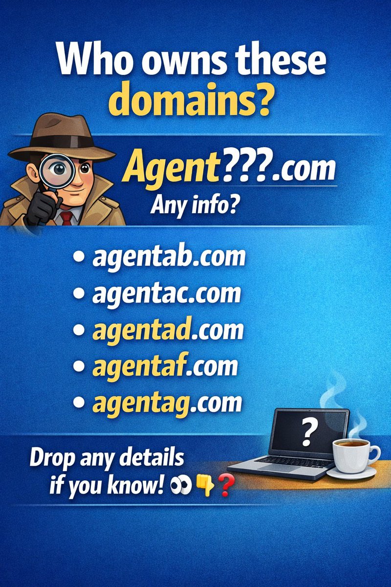 🛑 Domain detectives! 
Does anyone know who’s holding the keys.
I am looking to connect with the owners of these agents + suffix of two alphabet in .coms like: agentab.com, agentac.com, agentad.com, agentaf.com,