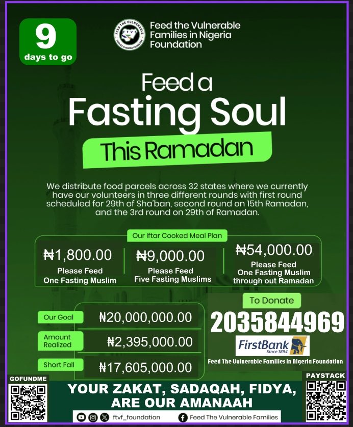 ximplirj's tweet image. For millions of muslims around the world, the blessed month of Ramadan is a time of reflection, fasting, prayer, patience, and charity

But for some individuals and families, the battle with hunger and survival continues

2035844969
First Bank
Feed the Vulnerable

Kindly donate人