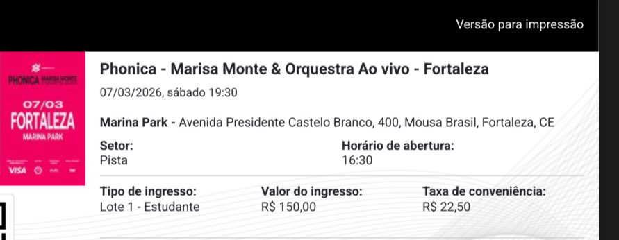 _slairab_'s tweet photo. Vendo 2 ingressos para Marisa Monte, Fortaleza 07/03
Tipo de ingresso: meia estudante
Setor: pista
 R$ 172,00 cada- Estou vendendo pelo preço que comprei, ingresso+taxa

passo cartão via link com acréscimo https://t.co/1aRCXFLlqt
