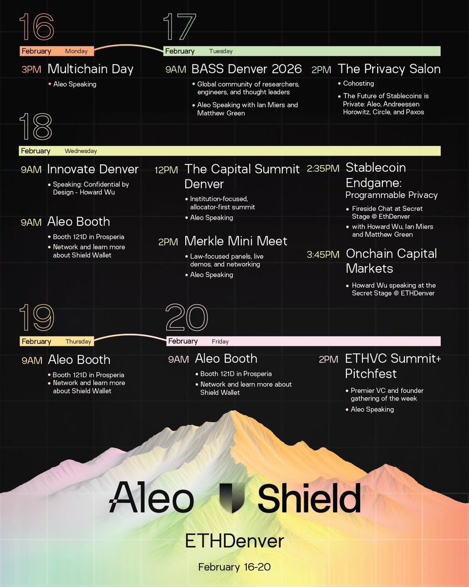 Aleo’s getting ready to roll into #ETHDenver2026 🏔️

We have a packed week of panels and side events coming up, so take a look at where we’ll be and register ahead of time to secure your spot 👇

luma.com/AleoEthdenver26