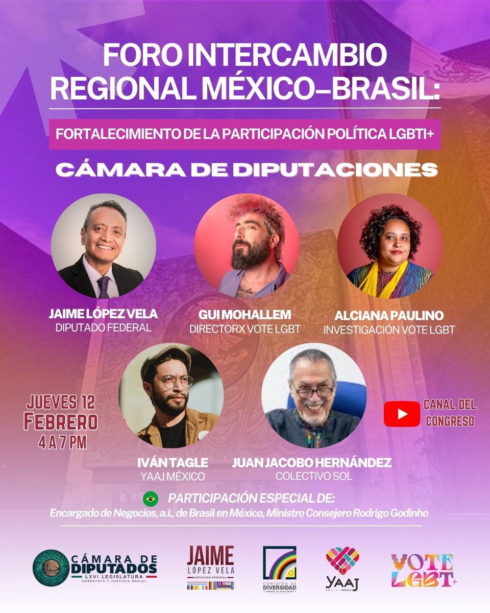 🇧🇷🇲🇽 Cuando las luchas se comparten, las democracias se fortalecen 🏳️‍⚧️🌎🏳️‍🌈 Desde Yaaj México, junto con el Diputado Federal <a href="/JAIMELOPEZVELA/">Jaime López Vela🏳️‍🌈🏳️‍⚧️</a>, Presidente de la Comisión de Diversidad de la Cámara de Diputados, y nuestras colegas de <a href="/votelgbt/">#VoteLGBT 🏳️‍🌈</a>, convocamos al Foro Intercambio Regional
