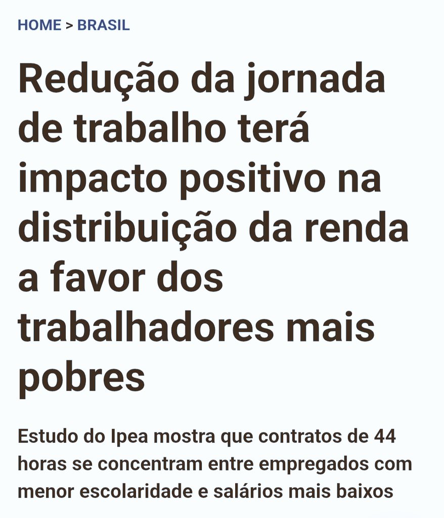 Estudo divulgado hoje (10/2) pelo Ipea (Instituto de Pesquisa Econômica Aplicada) mostra que a redução da jornada de trabalho e o fim da escala 6×1, sem redução salarial, terá grande efeito de redistribuição de renda no país. Estamos nessa luta. <a href="/CUT_Brasil/">CUT Brasil</a>