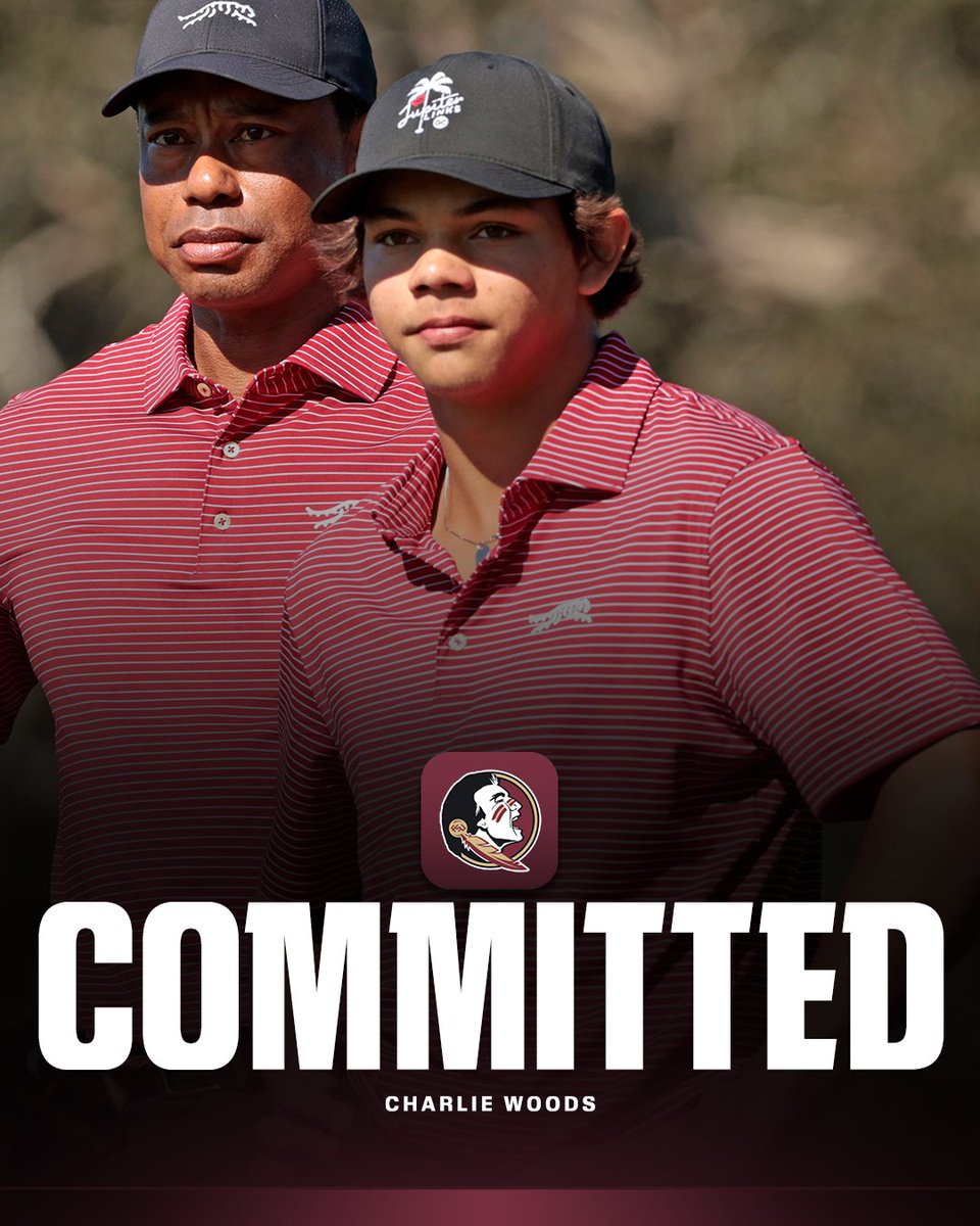 espn's tweet image. Breaking: Charlie Woods, the son of 15-time major champion Tiger Woods, has verbally committed to play golf at Florida State and will be a member of the 2027 recruiting class.