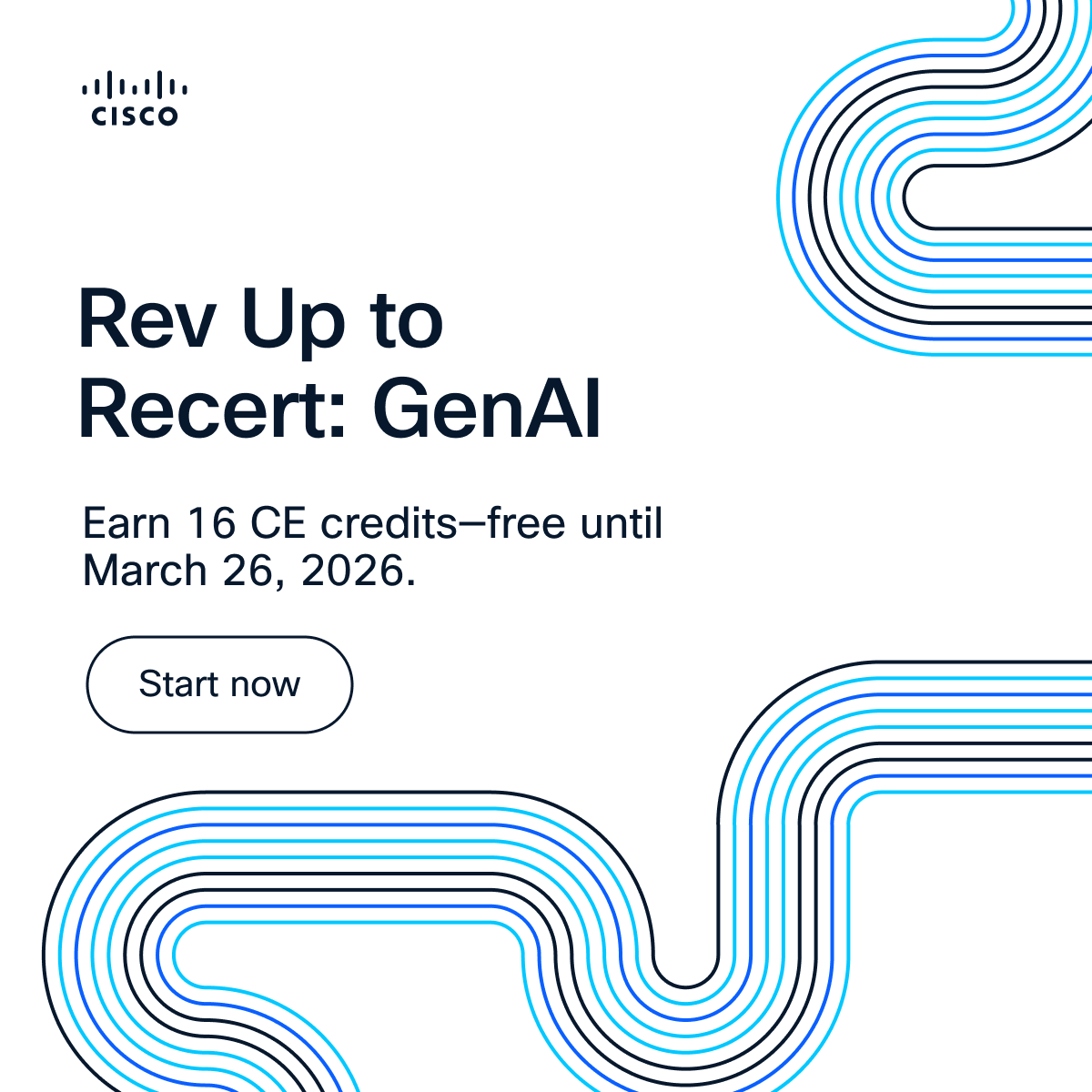 LearningatCisco's tweet photo. Rev Up to Recert: GenAI is now available! 🚀 

Learn and earn up to 16 CE credits with FREE access to the AITECH and AIBIZ Learning Paths until March 26, 2026.
 
🌟 BONUS: Earn an additional 15 CE credits when you pass the AITECH certification exam. 

➡️ https://t.co/OFFCAnQ52W https://t.co/pNsvxy3SAx