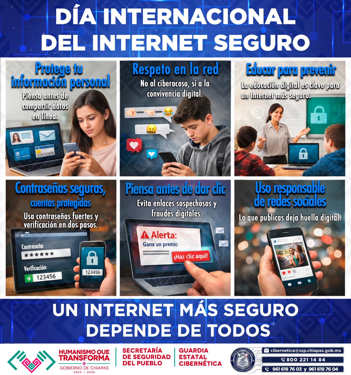 🔐🌐 SID 2026 | Día de Internet Seguro
Recomendaciones clave:
✅ Usa contraseñas únicas y seguras
✅ Activa la verificación en dos pasos
✅ No abras enlaces sospechosos
✅ Protege tu información personal
Un internet más seguro empieza contigo. 💻🛡️ #SID2026 #Ciberseguridad