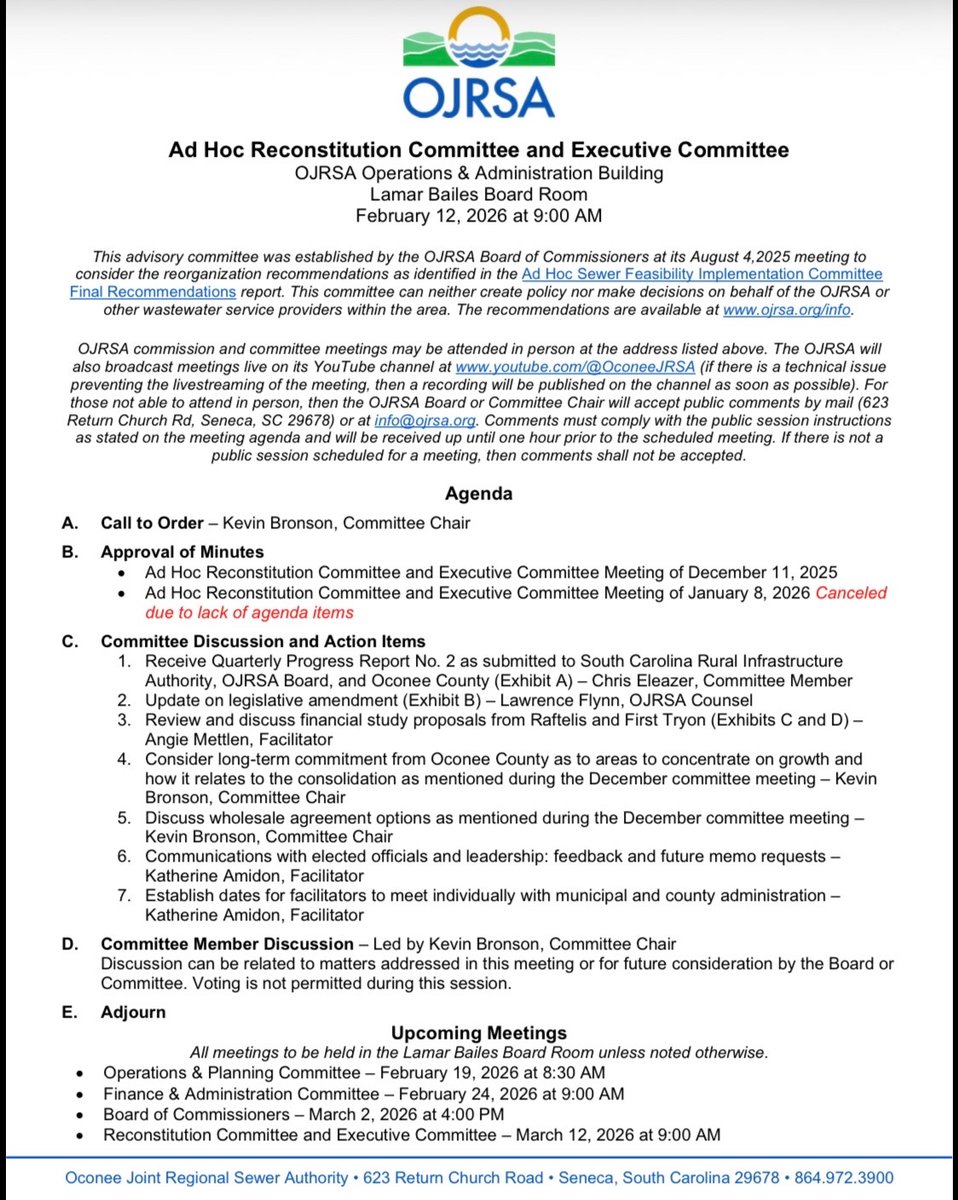 Our Ad-hoc Reconstitution Committee has a busy agenda when they meet at 9 a.m. this Thursday, Feb 12, 2026 at the Coneross Creek Wastewater Treatment Facility Administration Building.