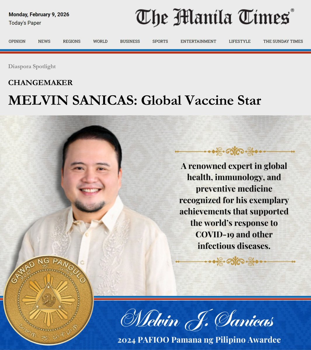Vaccinologist's tweet image. 🇵🇭 Honored to be featured by @TheManilaTimes (the Philippines’ oldest existing newspaper) and recognized by CFO #PresidentialAwards #PAFIOO. The piece calls me a “global vaccine star,” but I’m simply a #lifelonglearner and student of #vaccinology. manilatimes.net/2026/02/09/dia…