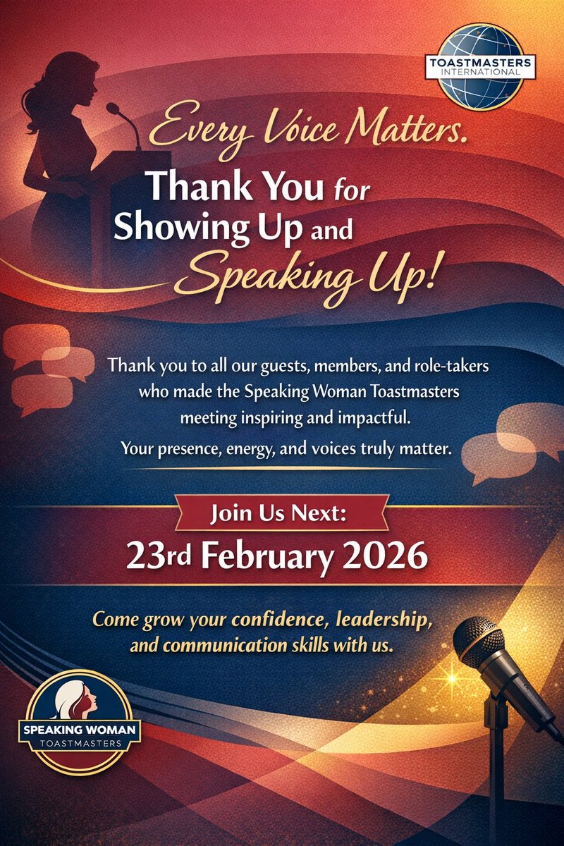 What an inspiring meeting filled with courage, laughter, and growth! Thank you to our guests, members, and role-takers for making Speaking Woman a safe and powerful space for women to rise.
Save the date: 23rd February 2026. Let’s keep speaking, growing, and shining together.