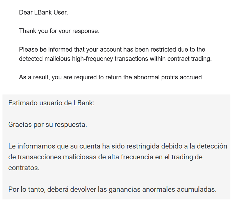 🚨 El exchange de #criptomonedas LBank ME HA R0BADO mi dinero.

Sí, tal como lo leéis.

Llevo meses reclamándolo, haciendo todo lo que me piden para que me lo devuelvan, se niegan y ahora directamente dicen que SE LO QUEDAN.

Ahí tenéis el email original y abajo la traducción.