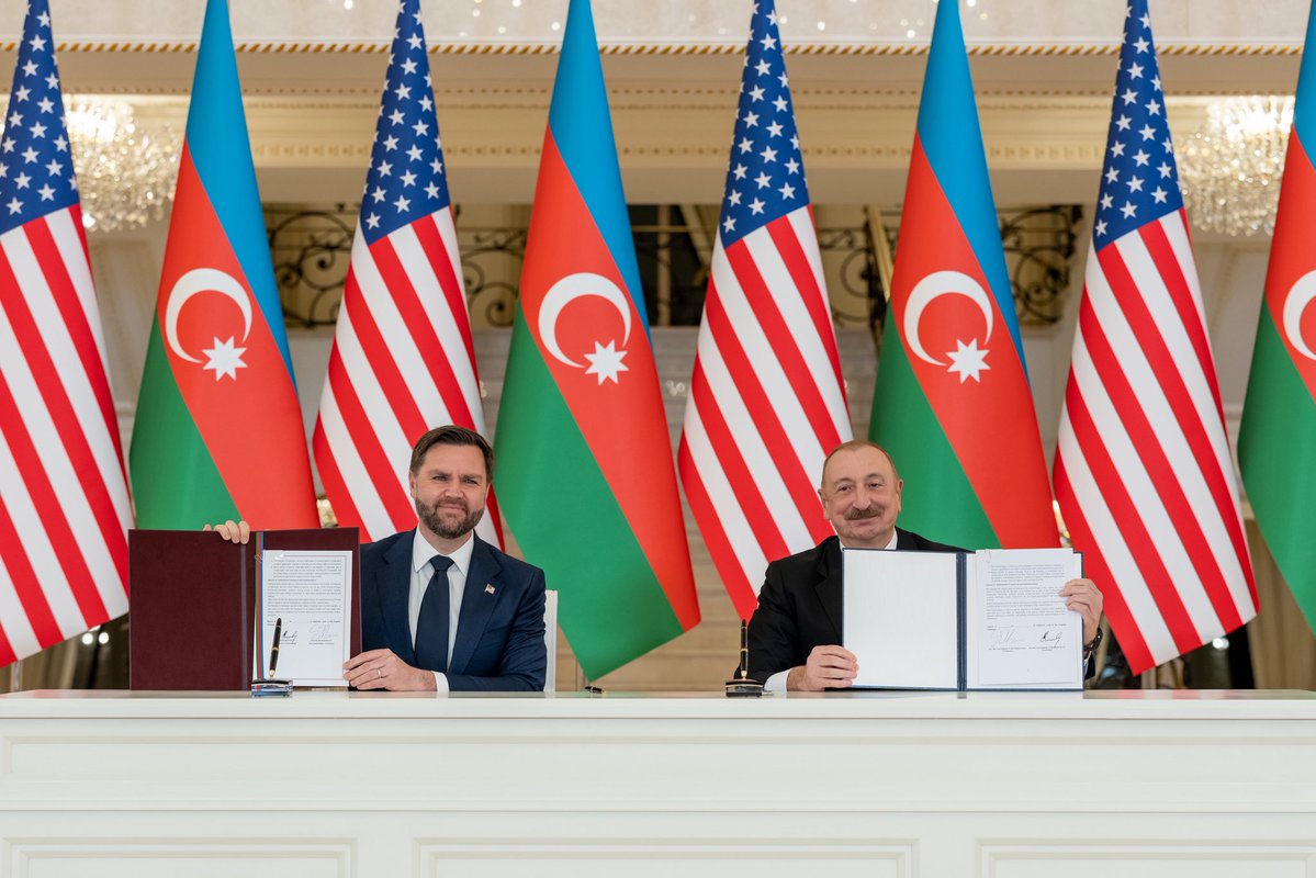 VP's tweet image. 📸Vice President Vance in Baku, Azerbaijan, with the President of Azerbaijan Ilham Aliyev.

The two signed a Charter on Strategic Partnership, held bilateral meetings, and delivered remarks 🇺🇸🇺🇸