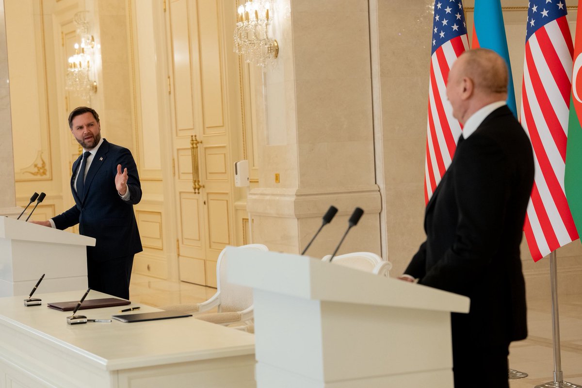VP's tweet image. 📸Vice President Vance in Baku, Azerbaijan, with the President of Azerbaijan Ilham Aliyev.

The two signed a Charter on Strategic Partnership, held bilateral meetings, and delivered remarks 🇺🇸🇺🇸