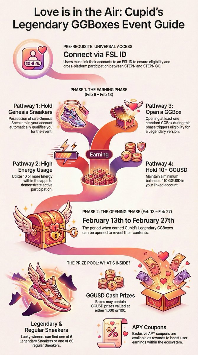 Only 3 days left!⏳💘

Stay active in STEPN/STEPN GO to earn Cupid’s Legendary GGBoxes, which may contain Valentine Legendary STEPN Sneakers, GGUSD rewards, and more.

The earning phase ends Feb 13, 0:00 UTC. 👟✨
#STEPNGO #STEPN #ValentinesDay #GGBOX